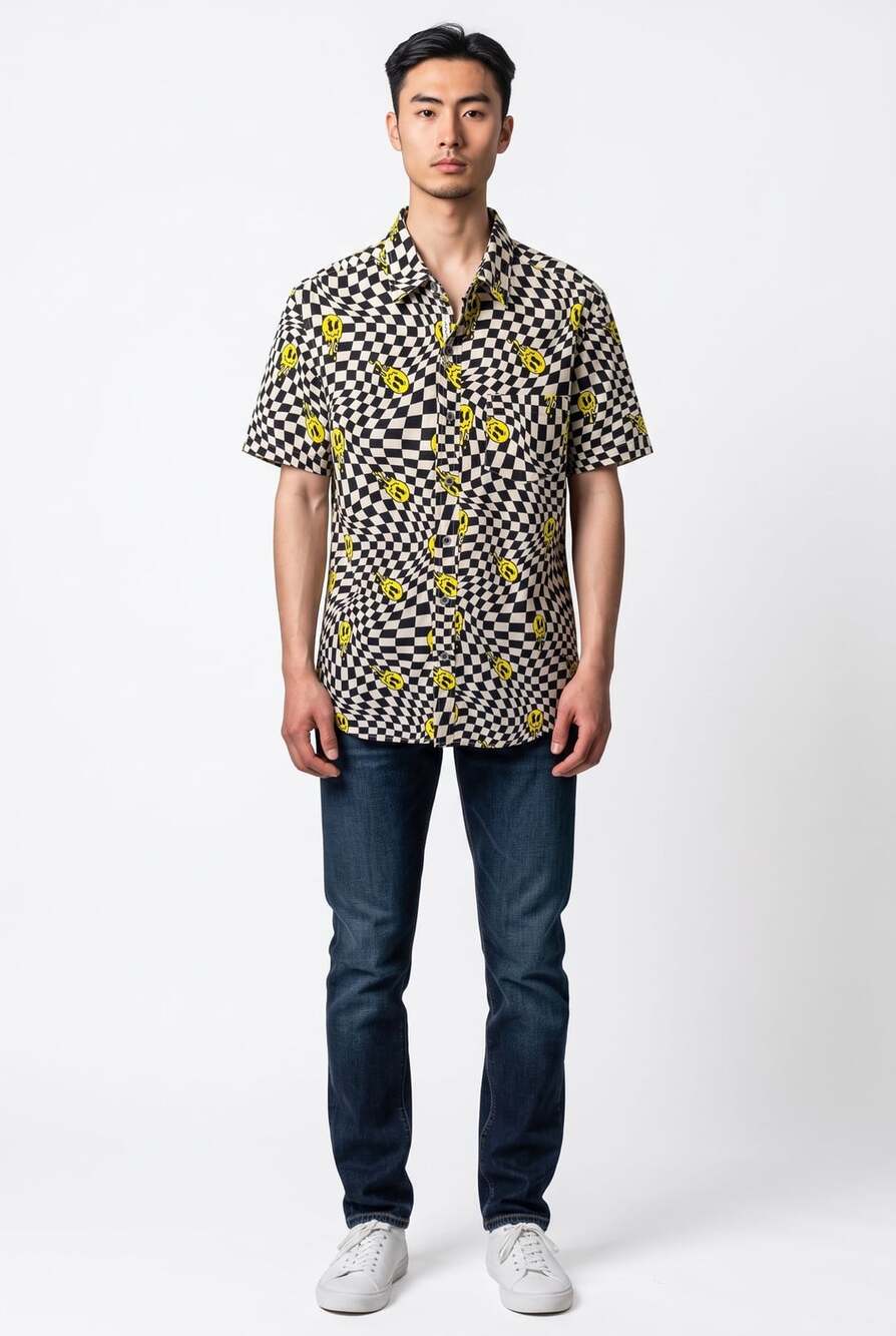 VSTR Button Down Shirt Size M Black White Yellow Melted Smiley Checkerboard
